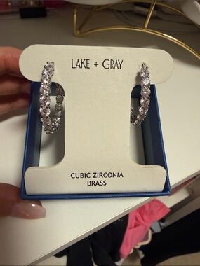 Lake +Gray Silver Tone Brass Cubic Zirconia Hoop Earrings